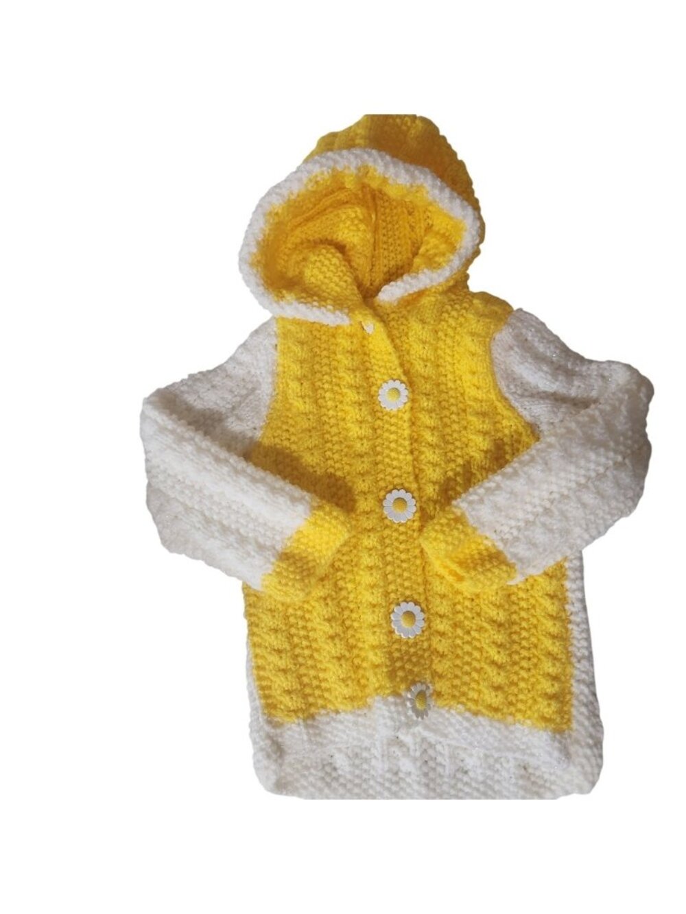 Handmade‎ Yellow White Daisy Button Crochet Hooded Cardigan Sweater Sparkle Baby